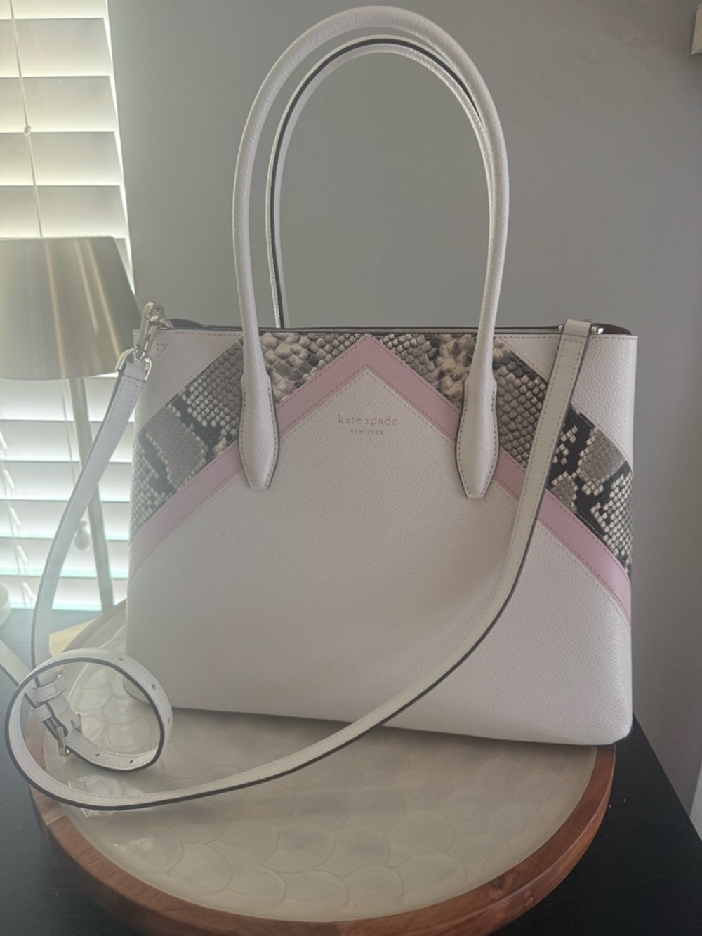Kate Spade White & Pink Leather Satchel with Snake-Print Accent - Eva Chevron - Picture 2 of 6